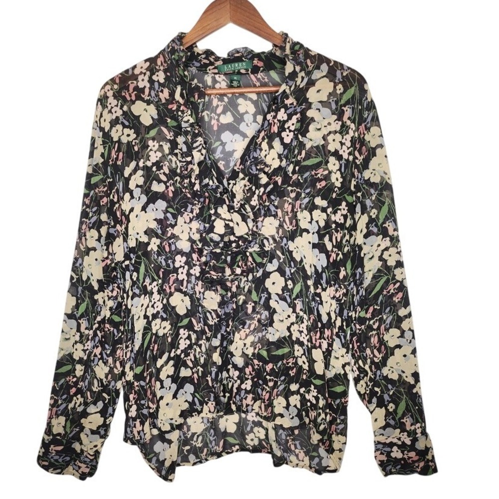 Lauren‎ Ralph Lauren Womans Silk Black/Floral Button up Blouse XL Sheer